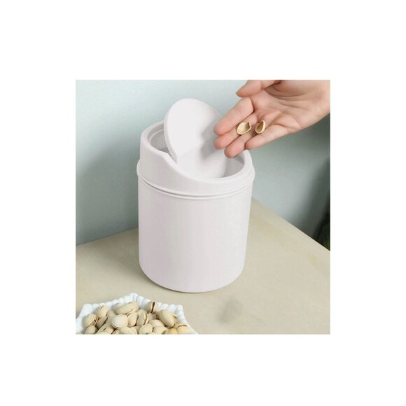 Mini Desktop Trash Can with Lid – Off White Plastic Bin for Office, Vanity, Car - Picture 1 of 4